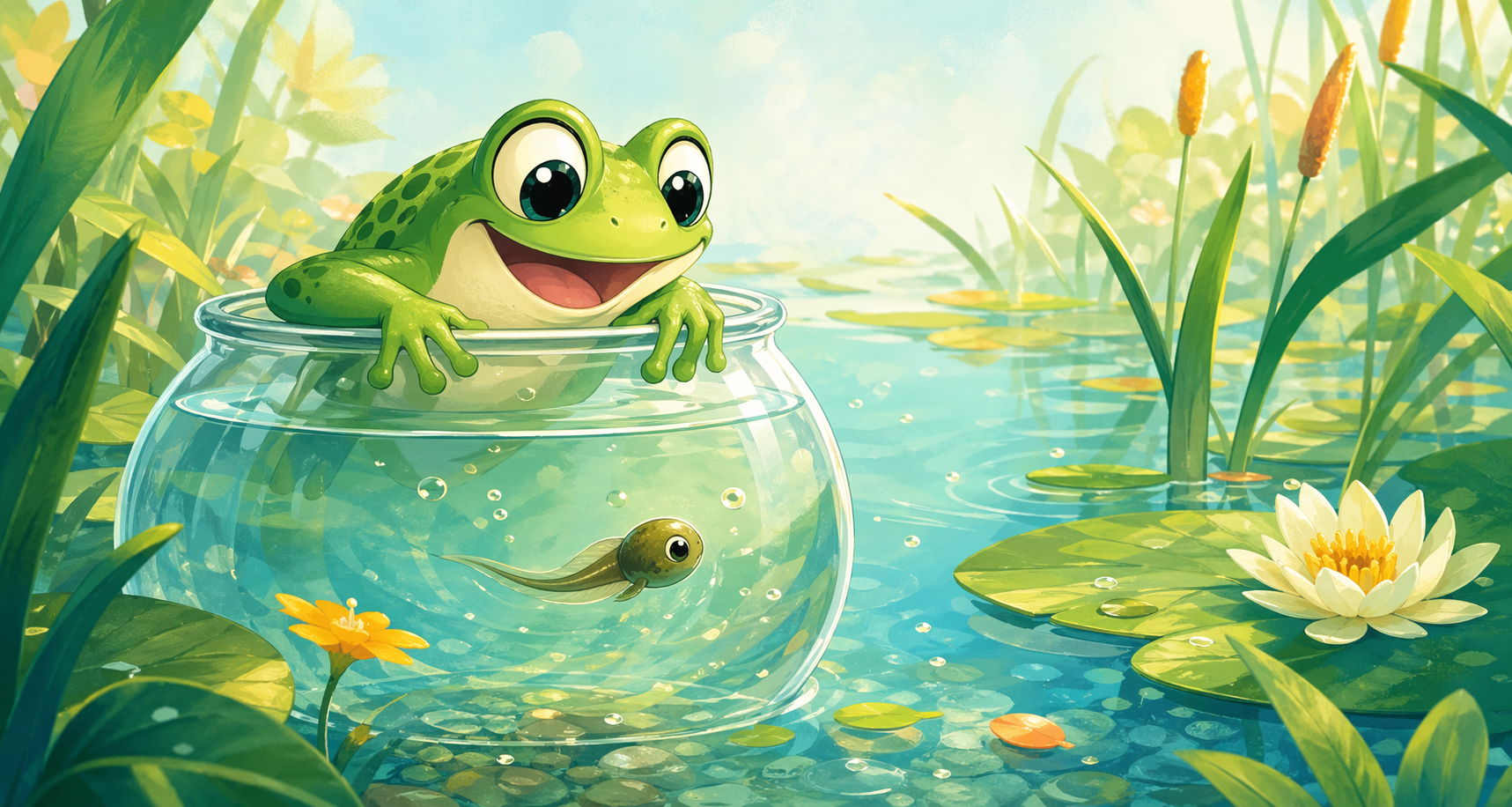 Vrolijke groene kikker bij een glazen vaas met een kikkervisje
